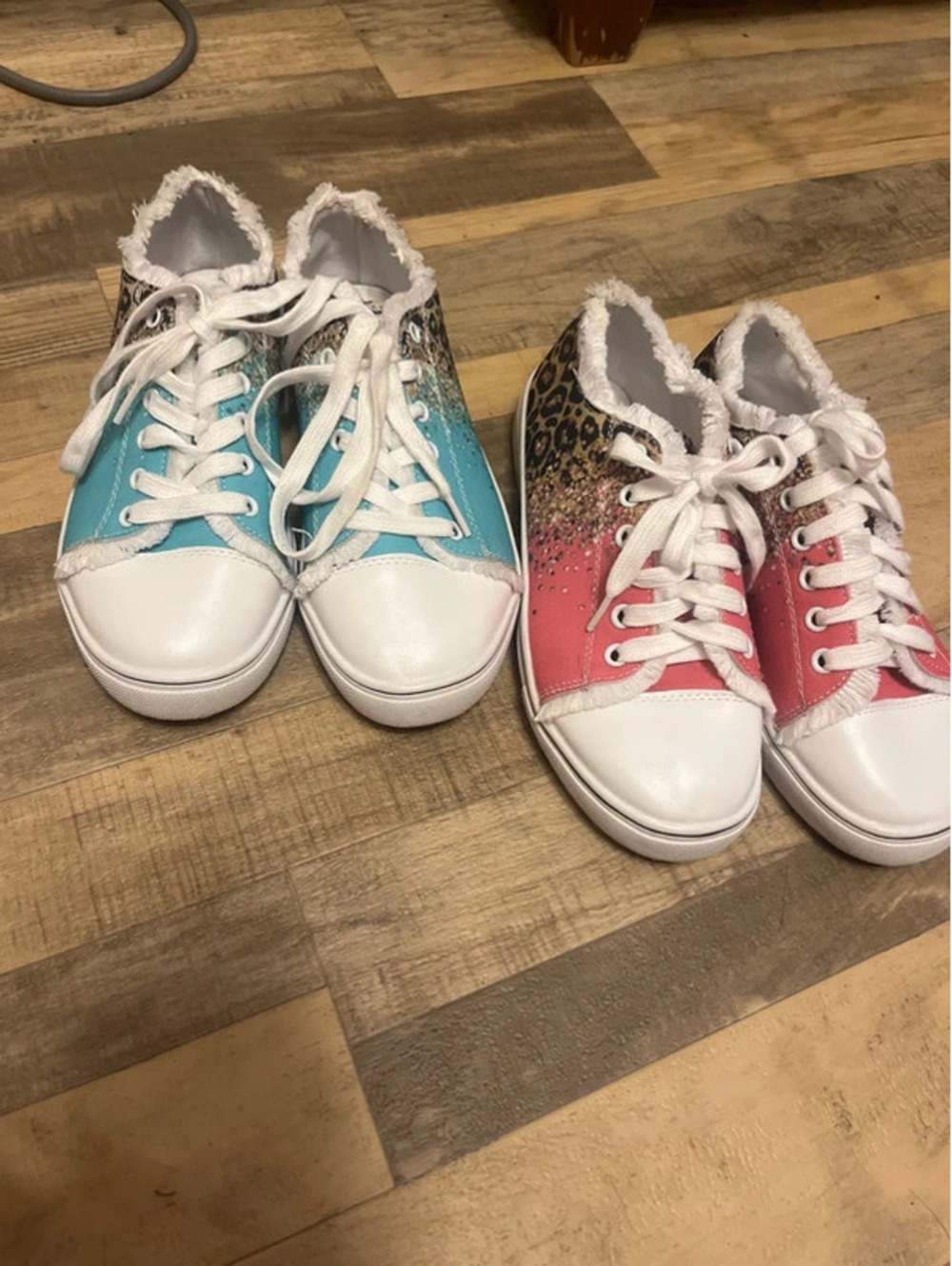 2 size 7 US pairs women’s leopard print pink and teal aqua sneakers